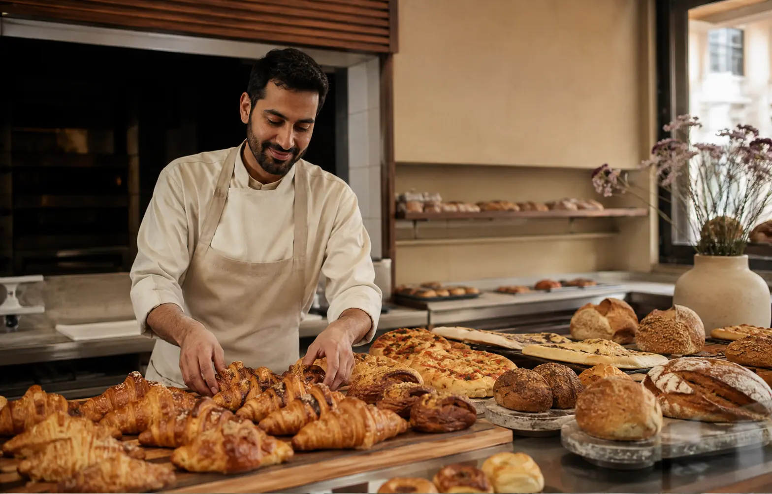 A local baker arranging fresh bread and pastries