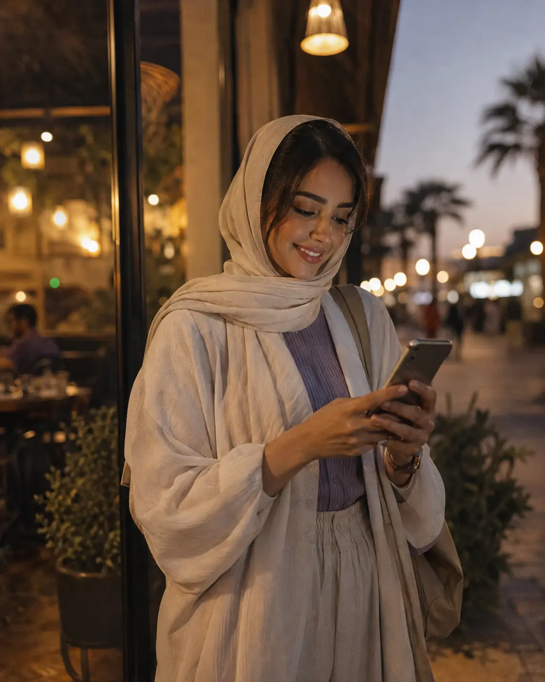 A woman using her phone outside a neighborhood café